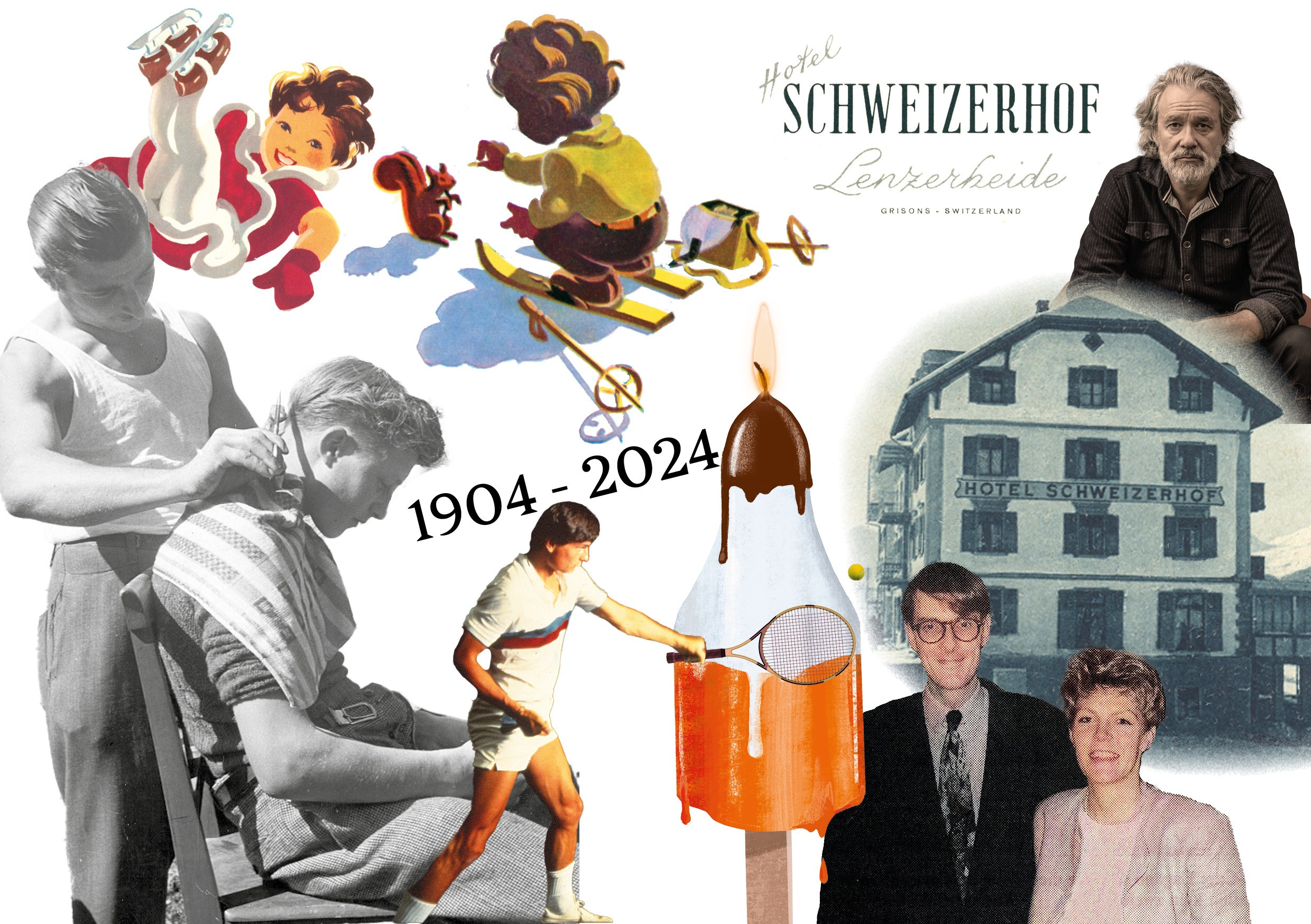Historische Collage zum Jubiläum 1904–2024 des Hotel Schweizerhof Lenzerheide mit alten Fotos, Illustrationen spielender Kinder im Schnee, einem Frisör bei der Arbeit, einem Tennisspieler, einer schmelzenden Kerzen-Grafik, dem alten Hotelgebäude sowie Porträts früherer und heutiger Generationen.