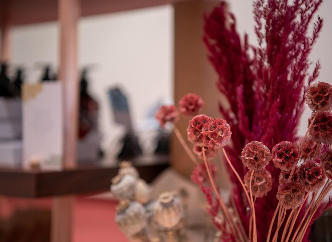getrocknete rote und beige Blüten in einem Innenraum, unscharfer Hintergrund mit Regalen und Produkten.