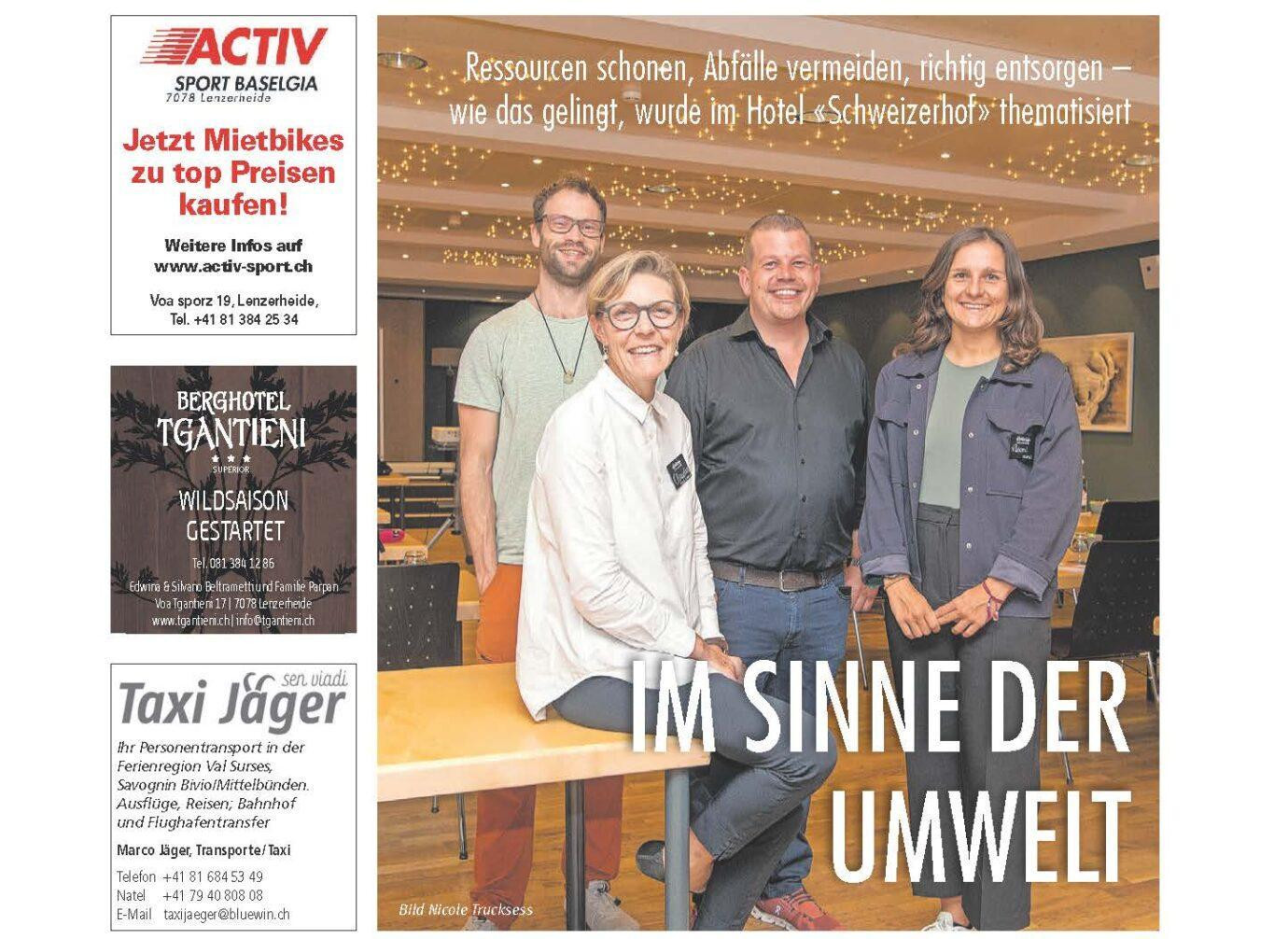 Vier Personen stehen in einem Saal des Hotels Schweizerhof und lächeln in die Kamera; darüber steht ein Text zum Thema Umwelt.