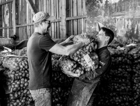 Zwei Männer beim Kartoffeltransport auf dem Hof – partnerschaftliche Zusammenarbeit für das Scalottas Terroir Lenzerheide