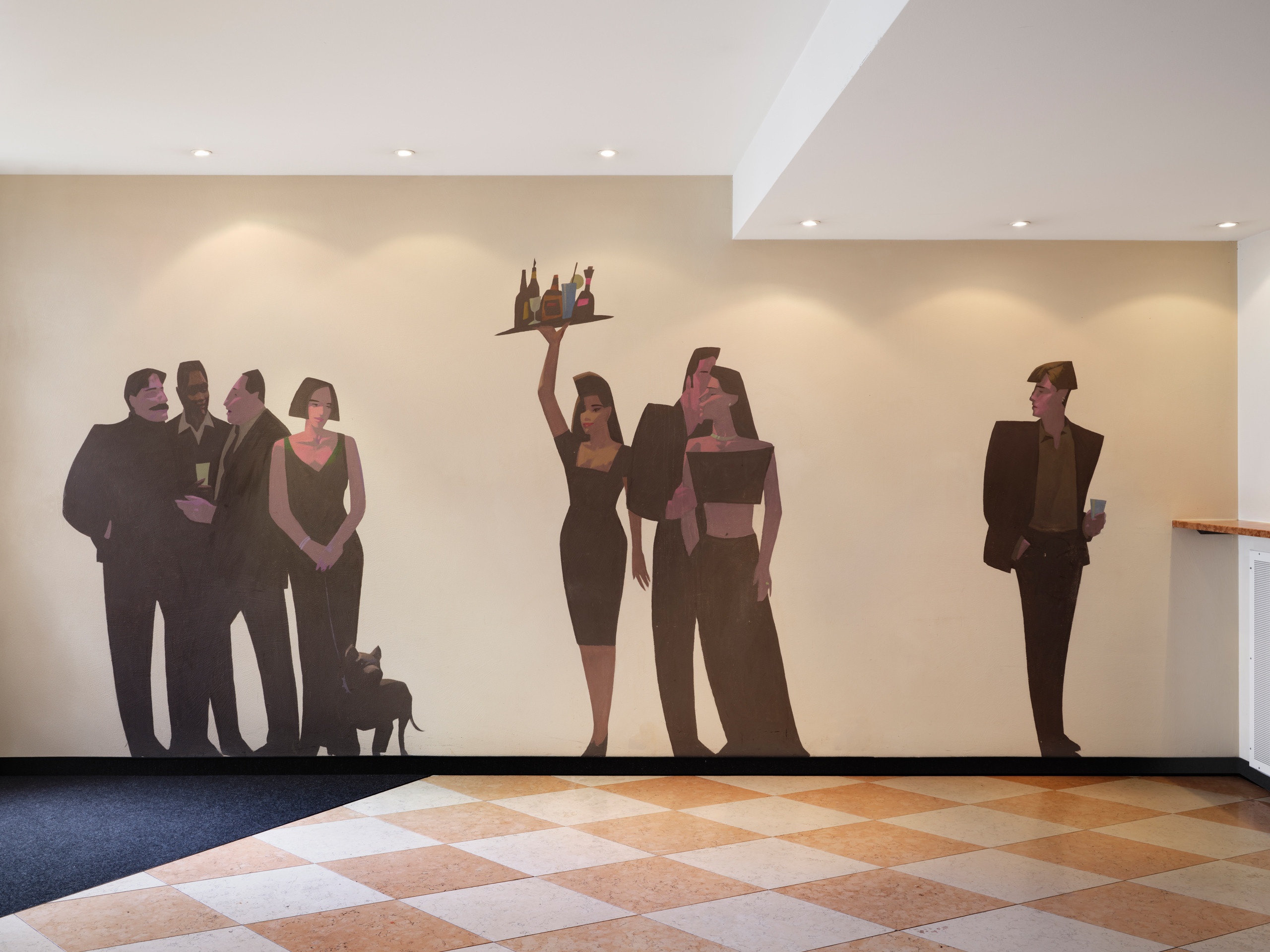 Ein Wandgemälde das abstrakte Menschen zeigt